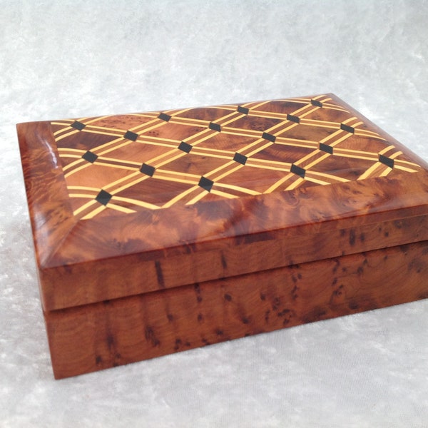 Moroccan Style Hand Made Araar (Cedar) Rectangular Marquetry Box With Sections and Opening Lid