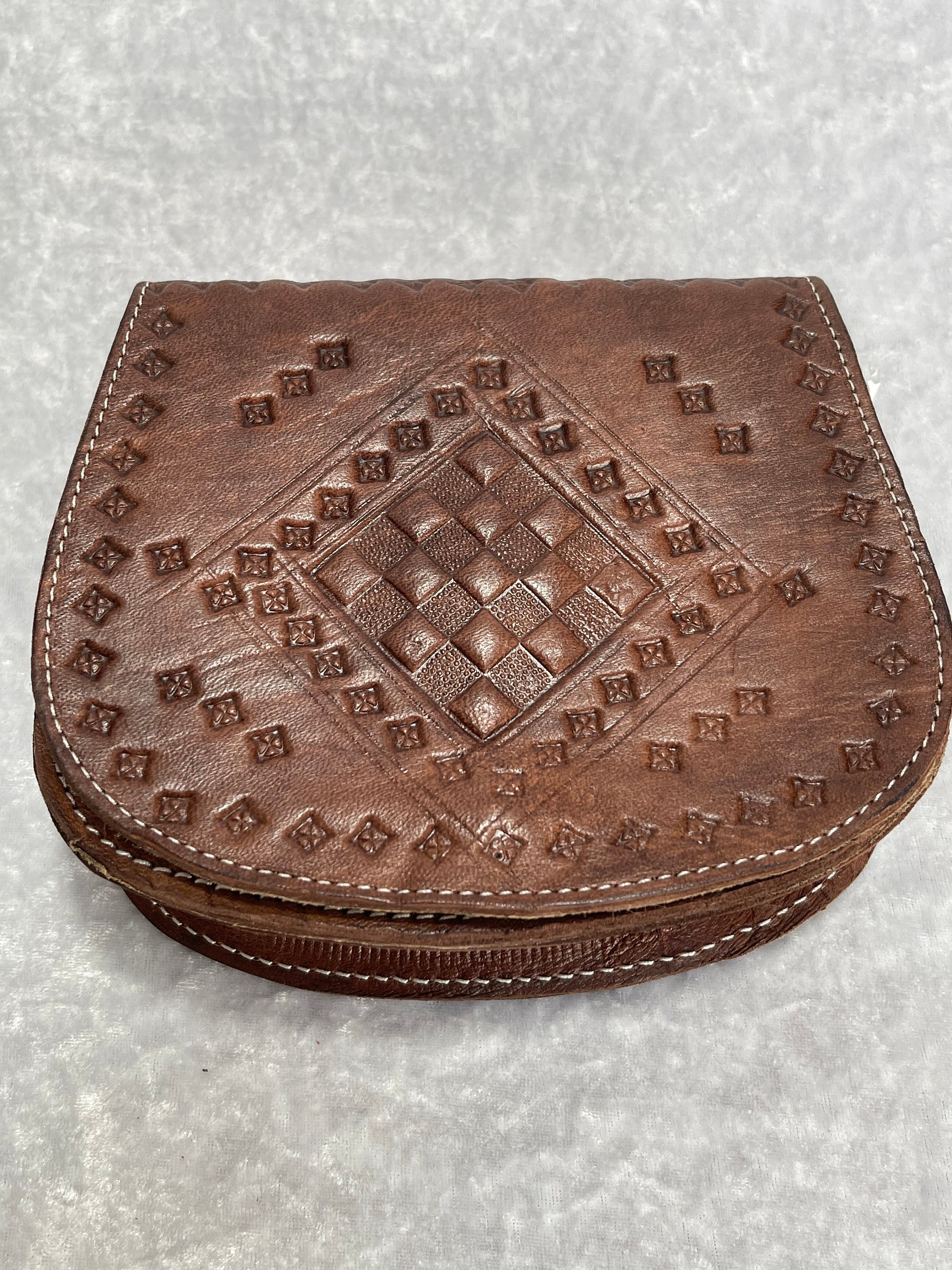 Handmade Moroccan Leather Handbag Tooled Saddle Bag with Strap Medium Multicolours