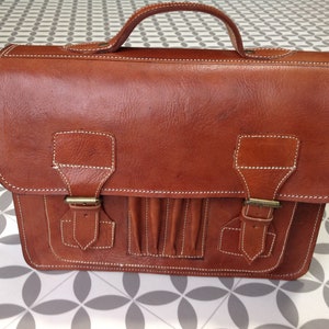Cartera grande de cuero marrón tostado/naranja marroquí hecha a mano con asa