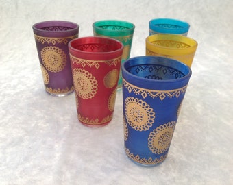 Moroccan Tea Glasses Multi-Coloured Frosted Glass with Gold Circle Pattern Set of 6 FREE POSTAGE in the UK