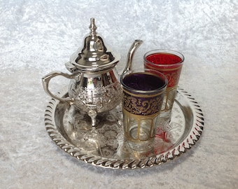 Moroccan Silver-Metal Teapot (small - with legs), Two Tea Glasses and Tray FREE UK POSTAGE