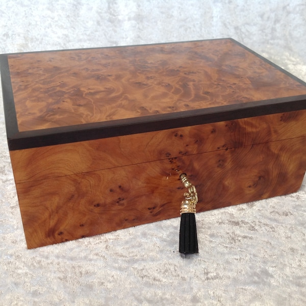 Moroccan Style Handmade Jewellery Box in Araar with Black Trim and Lock plus a Tray