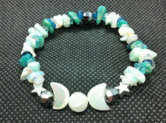 Handmade Triple Moon Goddess Stretch Bracelet wRainbow Moonstone Focal Bead OOAK Healing Balance Natural stones Calming Stress Relief