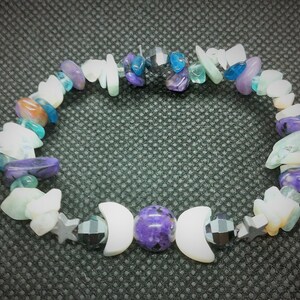 Handmade Triple Moon Goddess Stretch Bracelet wRainbow Moonstone Focal Bead OOAK Healing Balance Natural stones Calming Stress Relief