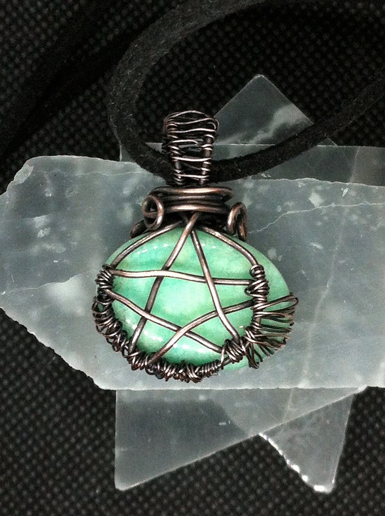 Gorgeous One-of-a-Kind Handmade Jewelry. Super Blood Wolf Moon Charged Natural Amazonite Pentacle Pendant Wire Wrapped Antiqued Copper
