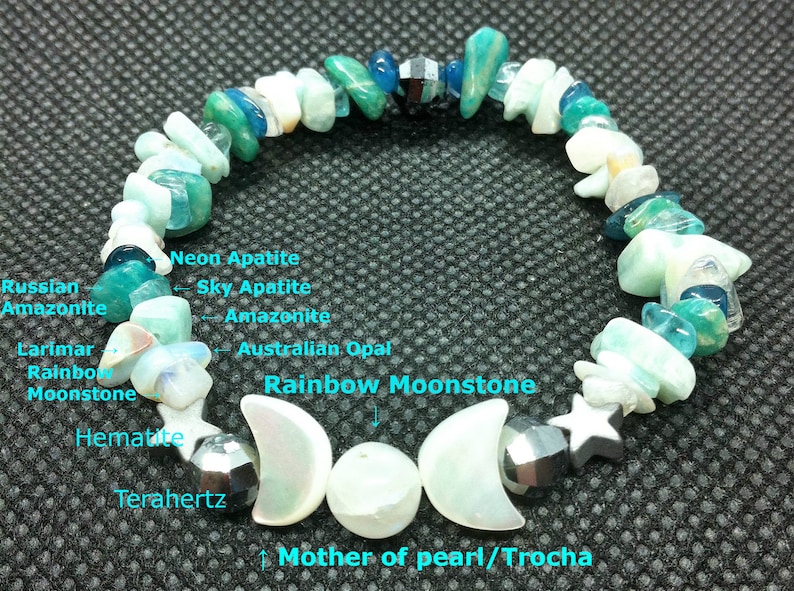 Handmade Triple Moon Goddess Stretch Bracelet wRainbow Moonstone Focal Bead OOAK Healing Balance Natural stones Calming Stress Relief