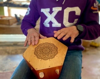 Wooden Doumbek - Cajon Drum hexagonal shape for sound healing with engraved mandala percussion musical instrument for meditation and mantras