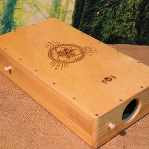 Wooden travel cajon hand drum bongo box percussion musical instrument with unique engraving with strings inside for music jam lovers