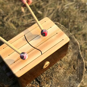 May include: A wooden tongue drum with two mallets. The drum has a light wood top with carved sound slots and a dark brown base. The mallets have wooden handles and colorful, patterned heads. The text "Noisy Wood" is in the upper right corner.