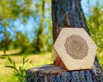 Wooden Doumbek - Cajon Drum hexagonal shape for sound healing with engraved mandala percussion musical instrument for meditation and mantras