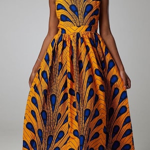 Royal blue and golden yellow Ankara pencil gown with flare sleeves , African midi dress, African wax print , African dress for women African