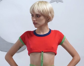 Vintage Color-Block Drawstring Crop Top