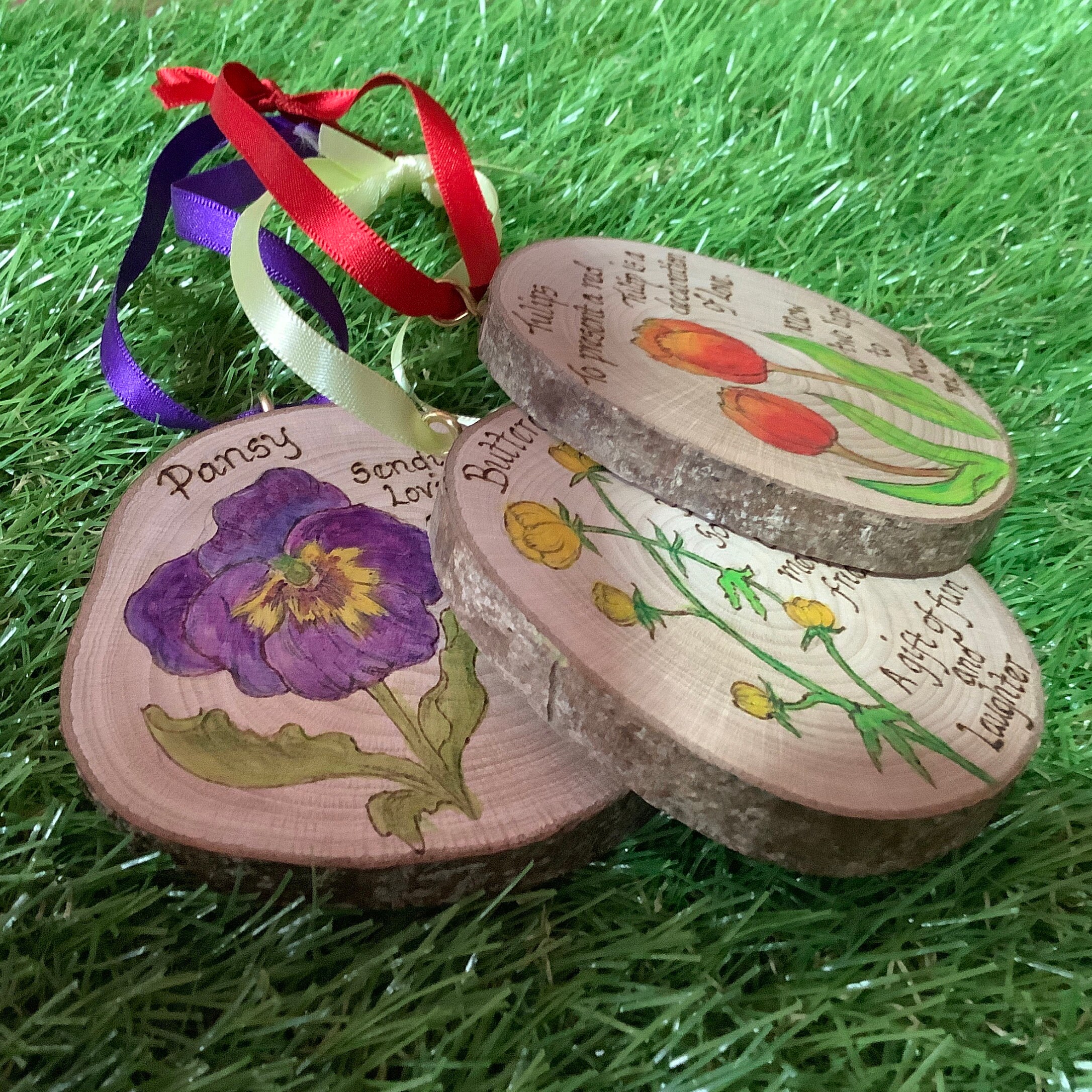 Flower Hanging Hand Painted Wooden Disc Language of Flowers Etsy Canada