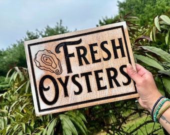 Fresh Oysters Reclaimed Wood Sign: Beachy Seafood Art