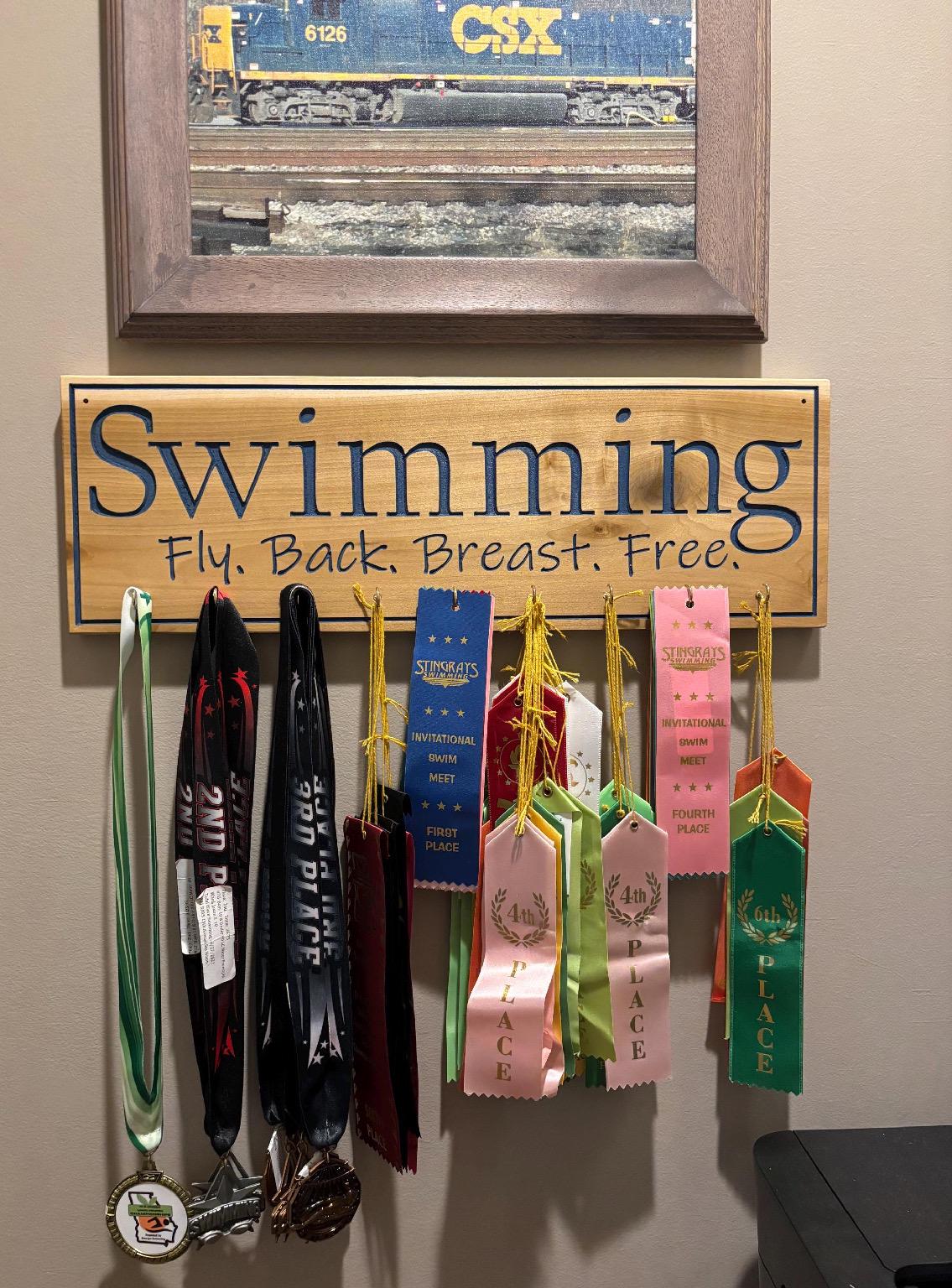 CREATCABIN Marathon Swimming Medal Hanger Swim Medal Holder Display Wall Mount Decor Frame Iron Hooks Hanging Awards Metal Medal Rack Organizer For Sports Swimmer Athlete Medals Black 15.7 X 5.9Inch