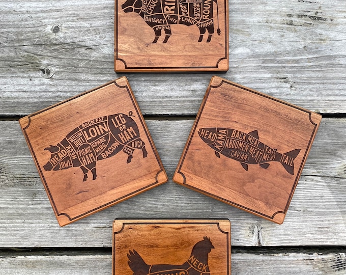LARGE Butcher Diagrams Wall Art Carved Wood Signs | BBQ Meat Lover Kitchen Decor