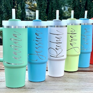 40 oz Stanley Quencher Engraved Tumbler Travel Cup | Dishwasher Safe Stanley Brand Cup with Handle | Personalized Engraved NOT Stickers