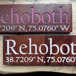 Rehoboth Beach Delaware Coordinates • Rehoboth Location Coordinate • Beach House Mantle Art • Standing Beachy Sign