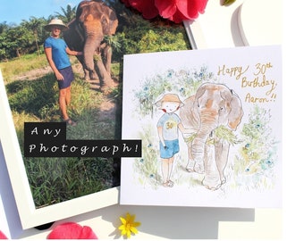 Any Photograph, Hand Drawn Personalised Painted Card, Anniversary, 21st, 30th, Happy Birthday, Wedding, Portrait Card, Custom photo Art