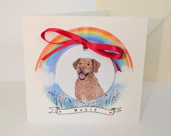 Personalised Pet Portrait Card, Rainbow Memorial, Dog Sympathy Card with Custom Ceramic Ornament