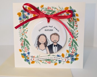 Personalised Wedding Card with Custom Couple Portrait Ceramic Ornament
