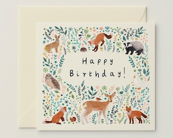 Woodland Animals Floral Happy Birthday Greeting Card