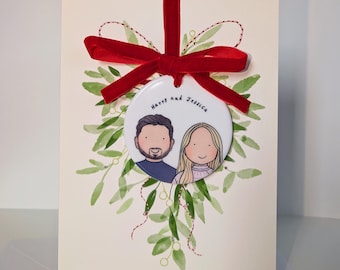 Personalised Mistletoe Christmas Card with a Custom Portrait Ceramic Ornament