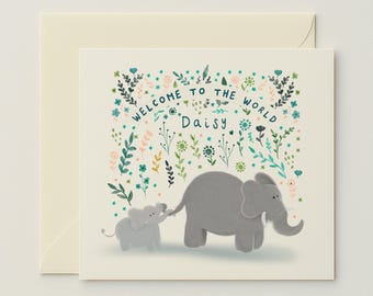 Mum and Baby Elephant, Welcome to the World, New Baby Personalised Greeting Card