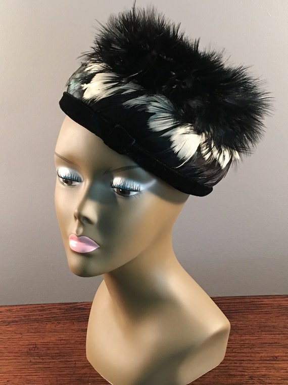 Vintage Feather Pill Box Hat 1950s, Christine Park