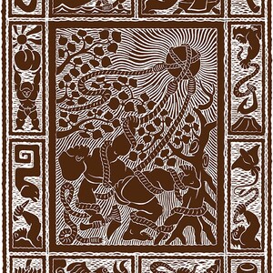May include: A brown and white block print illustration featuring a central scene of a figure using ropes to lasso the sun, surrounded by a decorative border of smaller panels depicting various cultural motifs, tools, and natural elements.