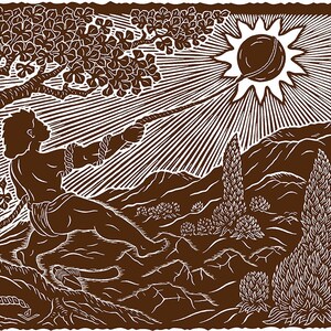 May include: A brown and white woodcut-style print depicting a figure pulling a rope attached to a radiant sun. The scene includes a tree on the left, a hilly landscape with textured plants, and a sun with rays extending across the sky.
