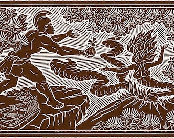 May include: A brown and white linocut print depicting a figure in a helmet standing on a rocky outcrop, offering a small bag toward a fiery, ethereal figure emerging from a volcanic crater, surrounded by stylized foliage and a fish in a basket.
