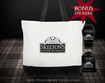 Skelton's Coffins & Caskets canvas tote w/BONUS coffin and gravestone stickers