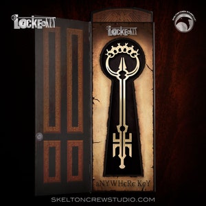 May include: A decorative box featuring a keyhole design with a gold-colored key. The box is open, revealing the key against a distressed paper background. The text "Locke & Key" and "aNYWHere Key" are visible.