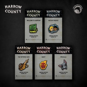 May include: Five enamel pins featuring characters and scenes from the graphic novel Harrow County. The pins are on a black background with white text that reads "Harrow County" and the name of each pin. The pins are limited edition and are available from Skelton Crew Studio.