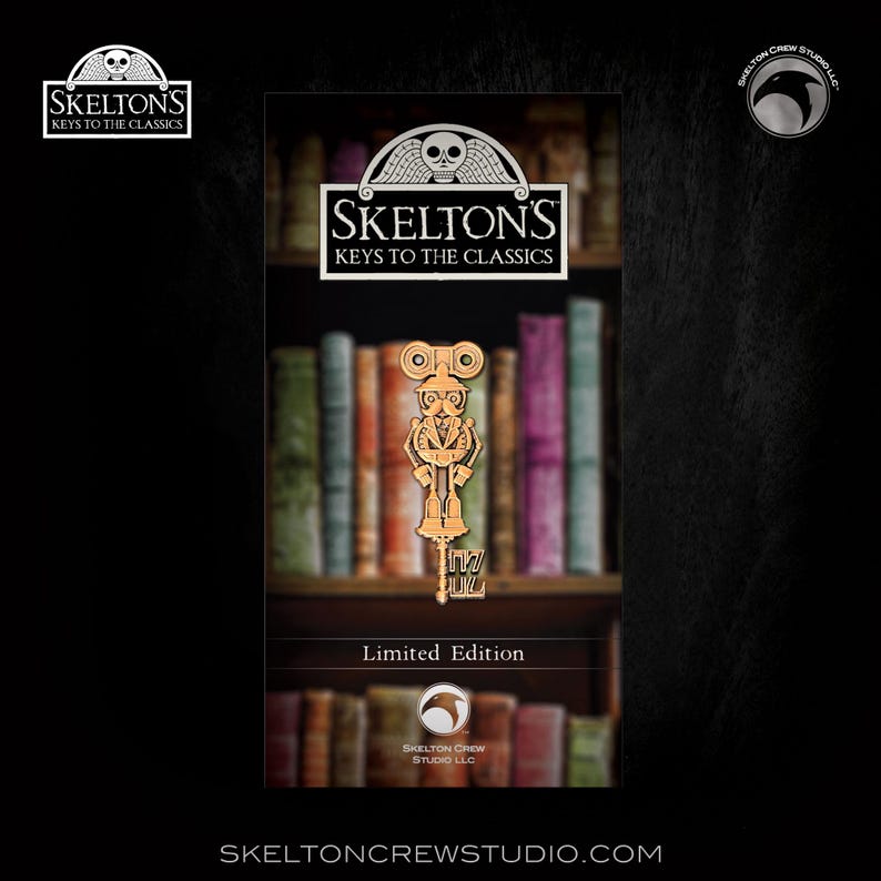 May include: A promotional image for "Skelton's Keys to the Classics" featuring a gold-colored key with a mechanical design. The key is set against a backdrop of a bookshelf with colorful books. The text "Limited Edition" is visible.