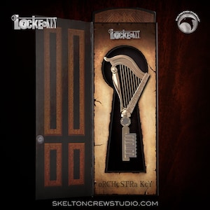 May include: A silver-colored key in the shape of a harp, labeled "Orchestra Key," is displayed in a keyhole-shaped cutout. The key is set against a backdrop of a door and aged paper. The "Locke & Key" logo is visible.