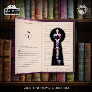 May include: A colourful key with a heart-shaped keyhole and a butterfly design is shown in the centre of an open book. The book is titled "Alice's Adventures in Wonderland" and the key is labelled "Key to Wonderland".