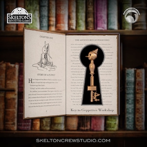 May include: A gold-colored key with a wooden Pinocchio puppet head. The key is labeled "Key to Geppetto's Workshop". The key is displayed in an open book with the text "The Adventures of Pinocchio" and "Story of a Puppet".