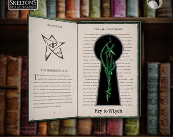May include: A green key with a detailed design, shaped like a keyhole, with the text "Key to R'Lyeh" below it. The key is set against a background of an open book with text about "The Call of Cthulhu" and "The Horror in Clay".