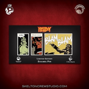 May include: Three enamel pins featuring characters from the Hellboy comic book series. The pins are yellow, red, and green with black outlines. The text on the pins reads "Is that a monkey?", "He's got a gun!" and "Blam Blam".