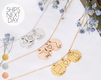 Custom Long Distance State Necklace Personalized Name Jewelry, Heart Charm Necklace for Family or Best Friend,Birthday Day Gift for Her