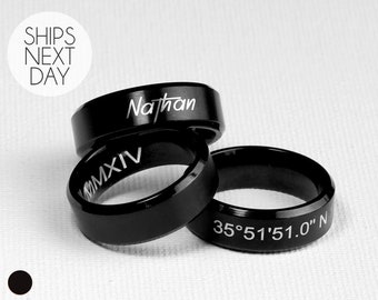 Personalized Black Ring for Dad, Father's Day Gift, Custom Men’s Engaving Ring, Minimalist Birthday Gift for Husband, Birthday Gift for Him,