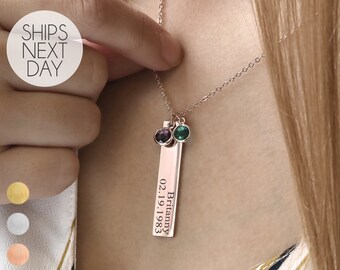 Personalized Birthstone Necklace for Women Engraved Name and Date Jewelry Gift for Her Custom Emerald Name Necklace for Mom Handmade Jewelry