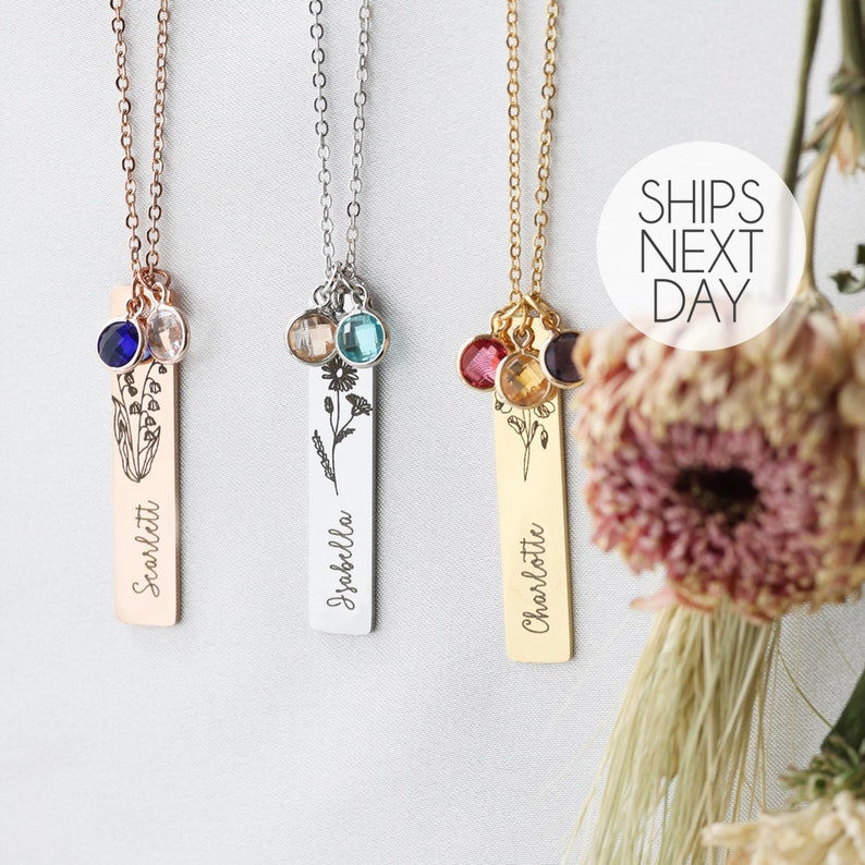 Birth Flower Necklaces with Name Personalized Birthstone Necklace for Women Boho Custom Birthday Gifts for Her Mother Jewelry Gifts -8N-FLBS 