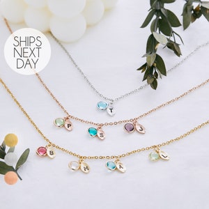 Personalized Birthstone Necklace for Women, Engraved Initial Jewelry, Custom Family Birthstone Necklace, Birthday Gift for Mom or Grandma