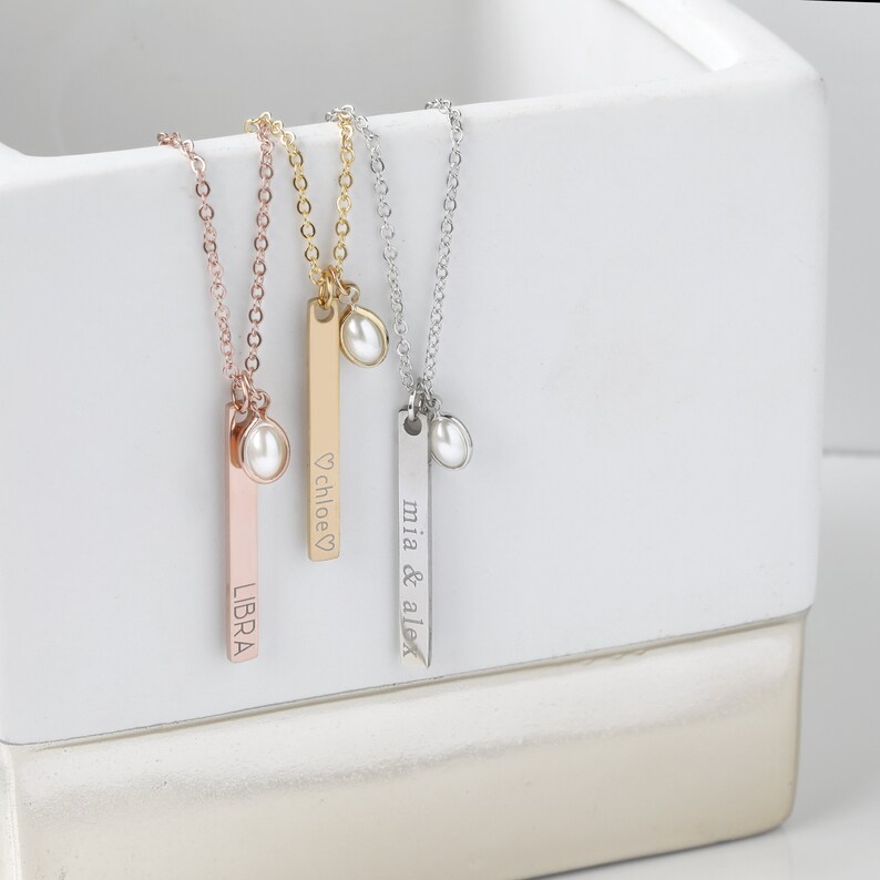 Personalized Silver Pearl Bar Plate Necklace Custom Name Etsy