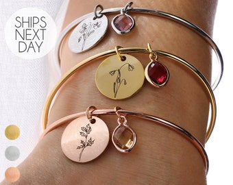 Birth Flower Bracelet Birthstone Custom Dainty Bangle Bracelet Personalized Jewelry Gift for Women Bridesmaid Proposal Gift