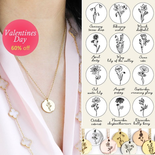 Custom Birth Month Flower Necklace Personalized Birthstone Etsy