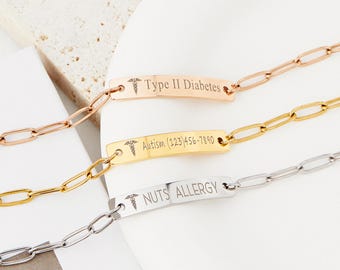 Personalisiertes Armband für Frauen mit individueller Gravur, Allergieinformationen Schmuck, Diabetes, Autismus Armband, Sicherheit Notfallausweis